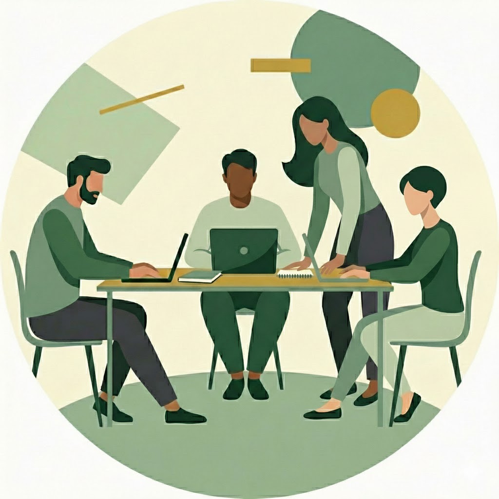 Illustration of a small team working together at a table with a coach guiding them